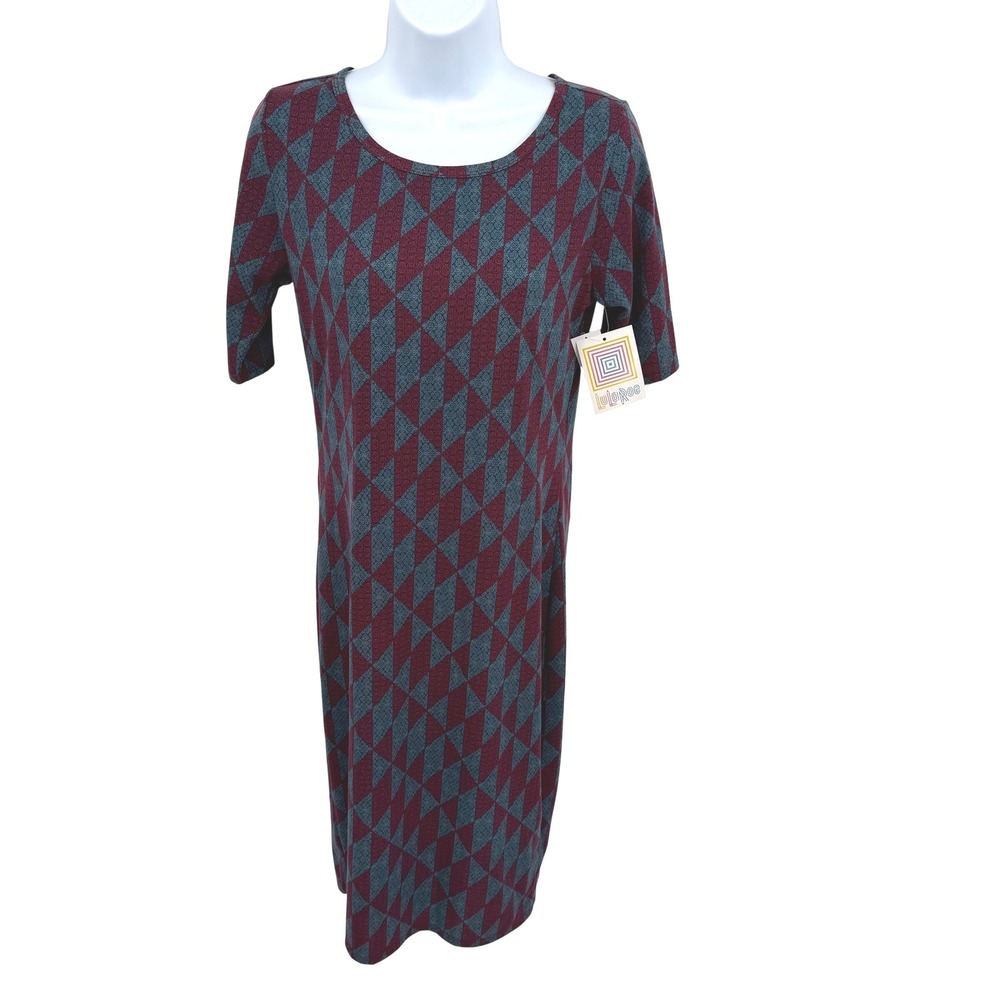 LulaRoe Women's S Carly Dress Burgundy Teal Geometric Triangle Short Sleeve NWT